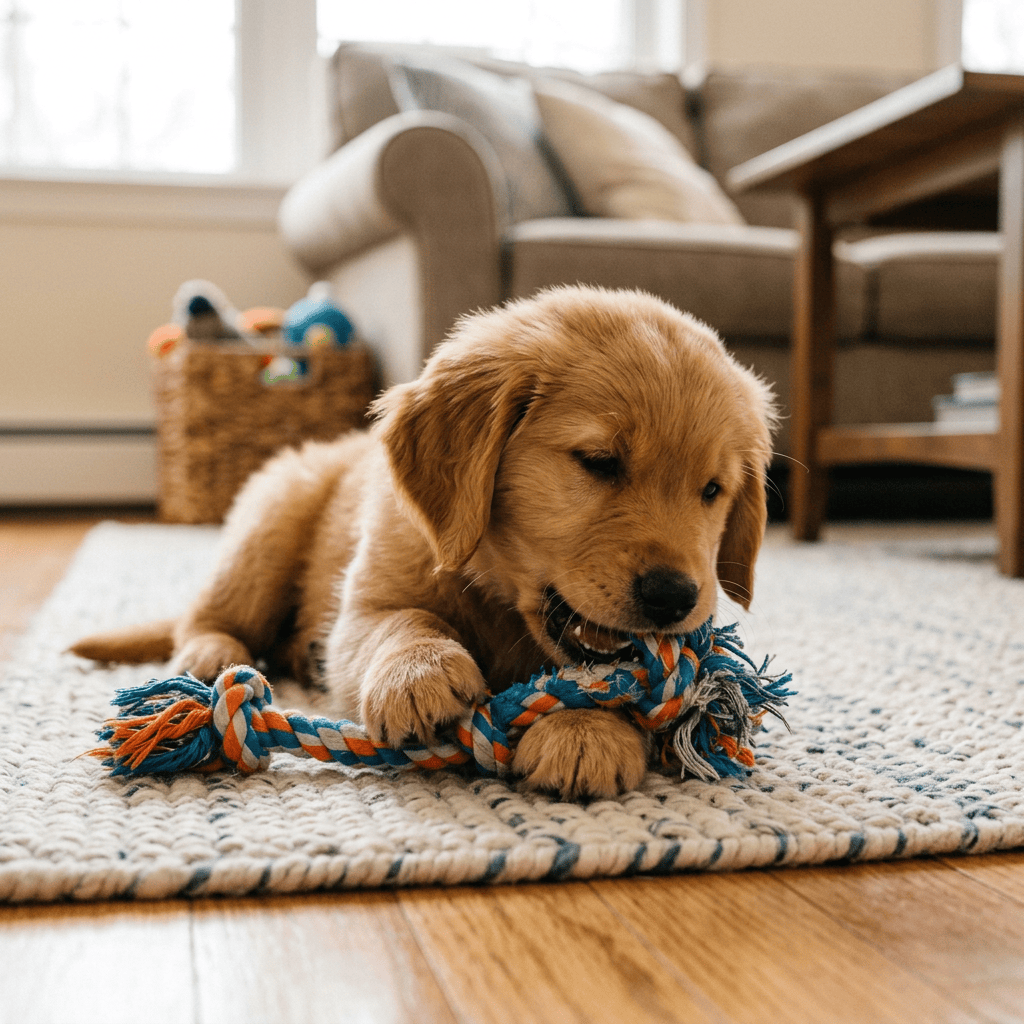 Golden retriever puppy chewing on blue and orange rope toy on a woven rug indoors