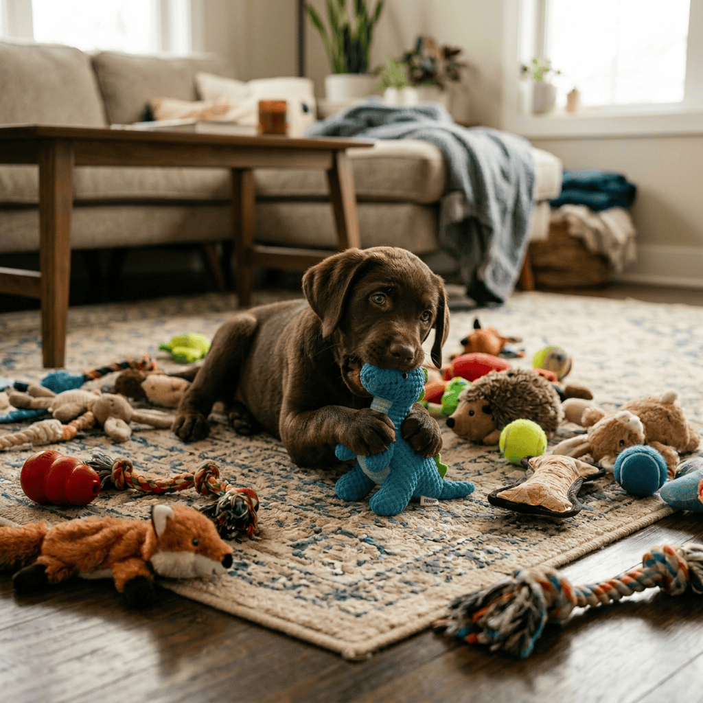 Golden retriever puppy playing with blue plush toy among various dog toys on rug