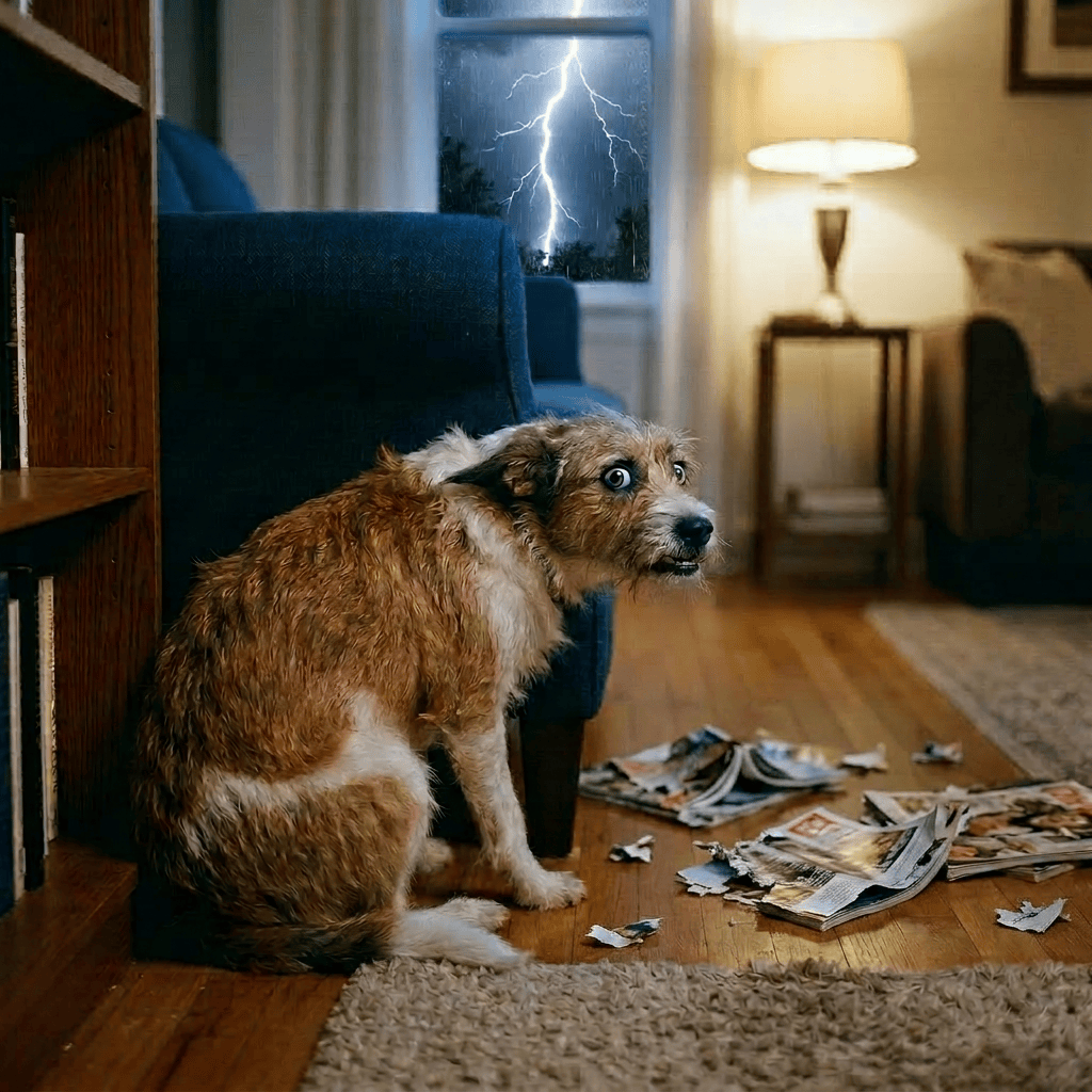 A brown and white dog sitting on hardwood floor near overturned watering can and lamp in a living room