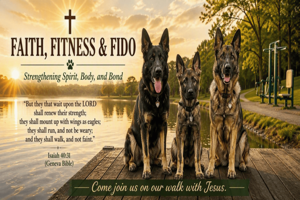 Faith Fitness and Fido banner featuring three German Shepherds sitting at attention on a lakeside dock at sunrise with a Christian cross, fitness station, and Isaiah 40:31 from the Geneva Bible