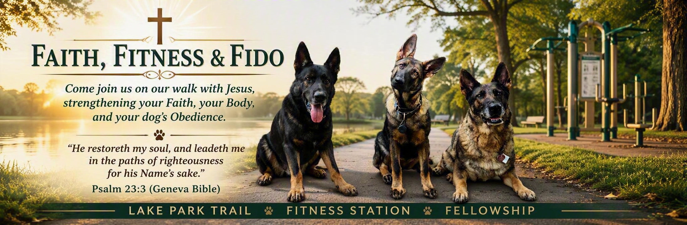 Faith, Fitness and Fido banner featuring three dogs on a lake park trail near outdoor fitness equipment with Psalm 23:3 and a Christian cross
