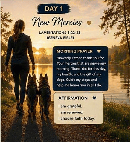 Faith, Fitness & Fido Day 1 devotional featuring a Golden Retriever walking beside a woman at sunrise along a lakeside path with a morning prayer, affirmation, and Geneva Bible scripture.