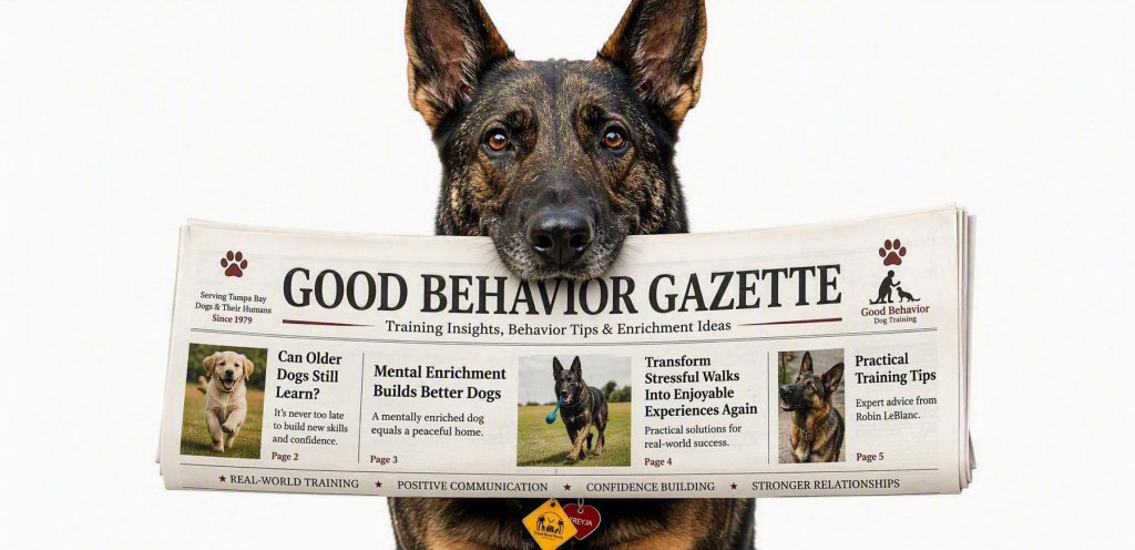Freyja holding the Good Behavior Gazette newspaper featuring dog training tips, behavior insights, and enrichment ideas from Good Behavior Dog Training